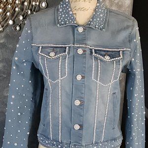 Aurora Borealis Pearl Denim Jacket Embellished Soft Designer Quality